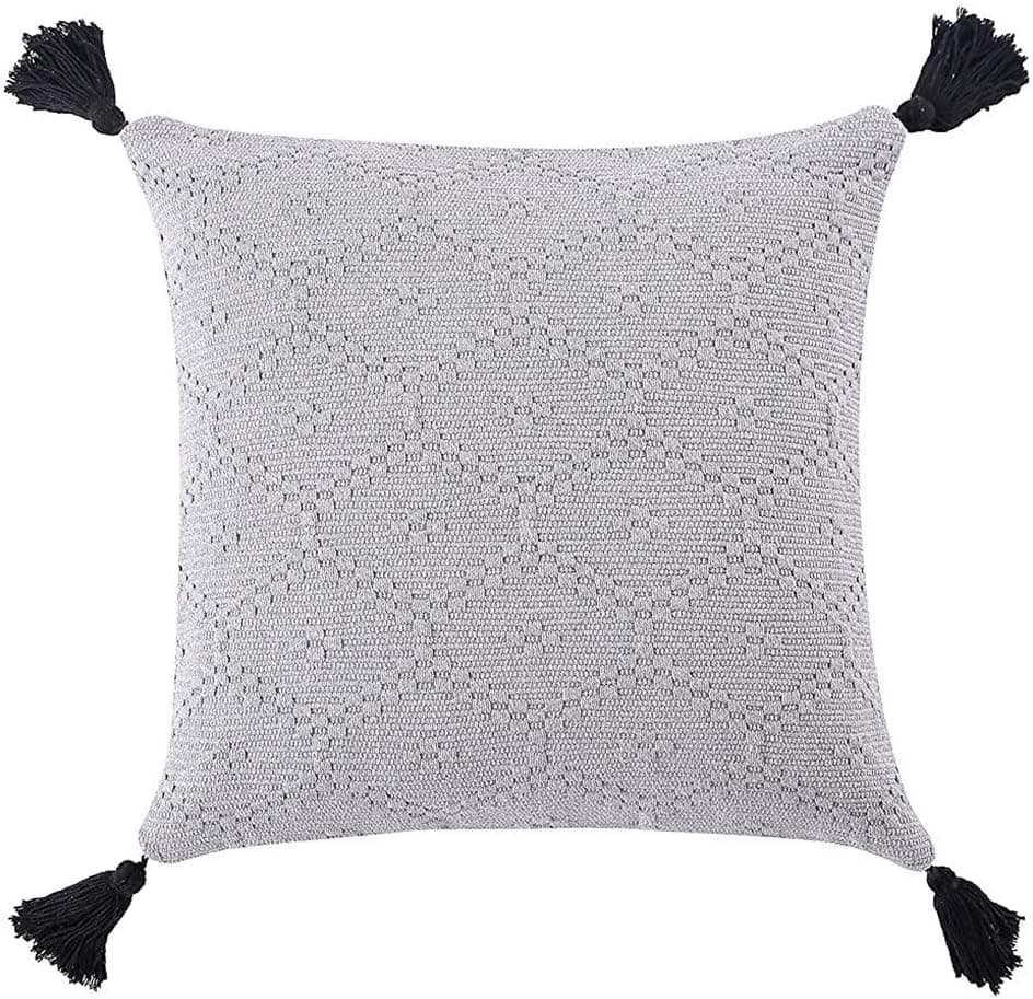 blue page Geometric Woven Boho Decorative Throw Pillow Covers - Cotton Square Cushion Cover with Tassels, Solid Pillow Case ONLY for Couch Sofa Bedroom Living Room (Grey, 17x17 Inches)