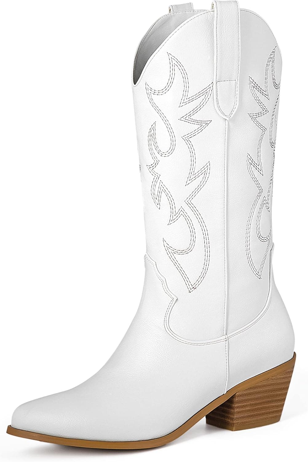 MUCCCUTE Women's Cowboy Western Cowgirl Boots Embroidered Stitching Point-Toe Boot Fashion Retro Block Heel Pull-On Wide-Calf Boots