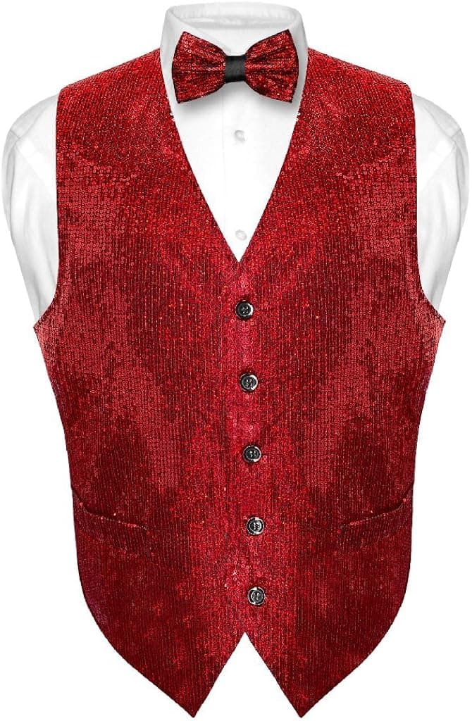 Men's SEQUIN Design Dress Vest & Bow Tie RED Color BOWTie Set for Suit Tux