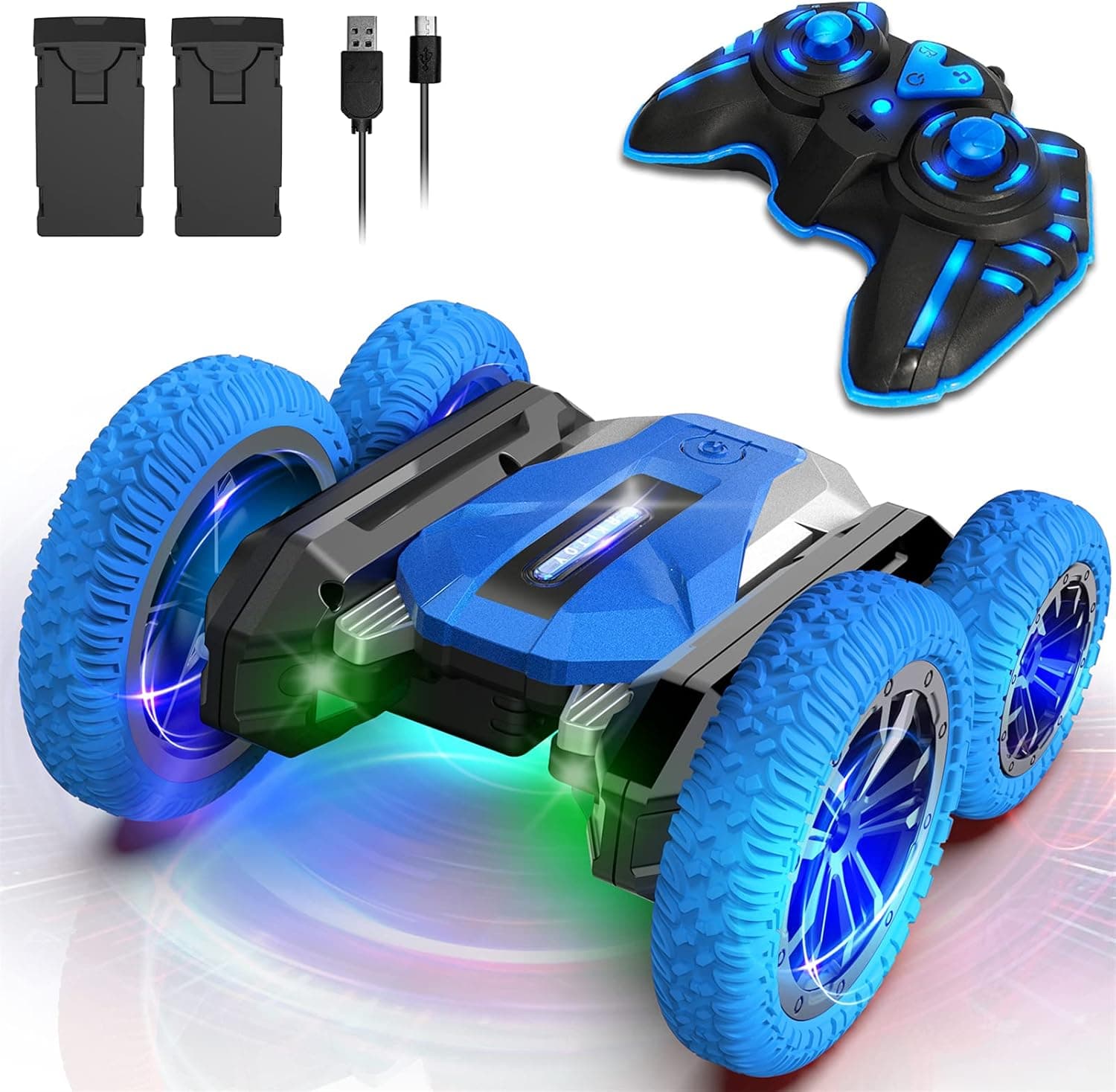 Wsiyen Toys RC Cars Remote Control Car, Double Sided 360°Rotating Stunt Car, Kids Toy with 2 Rechargeable Battery, LEDs, 4WD, All Terrain Tires, Cool Birthday Gifts for Boys Age 6 7 8 9-14 Year Old