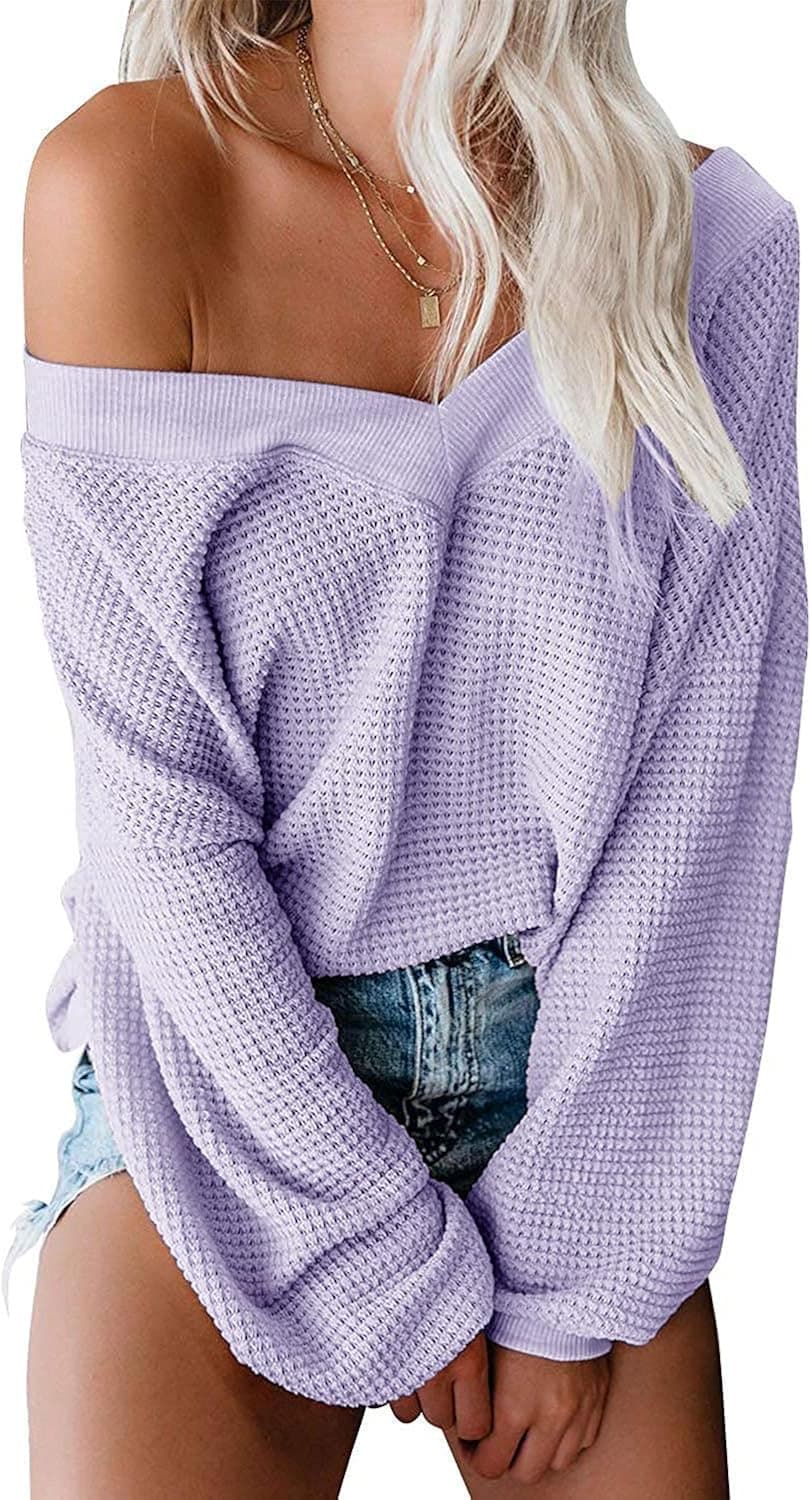 ReachMe Womens Oversized Off The Shoulder Tops Long Sleeve Waffle Knit Shirt V Neck Pullover Sweater
