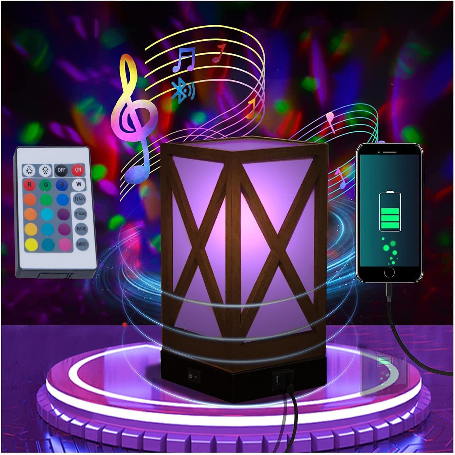 Smart Table Lamp,Music Retro Table Lamp, Bluetooth Music and RGB Dimmable Desk Lamp, with AC Power Socket and 2 USB Charging Station Ports,Applicable to Bedroom Reading Room Office Living Room