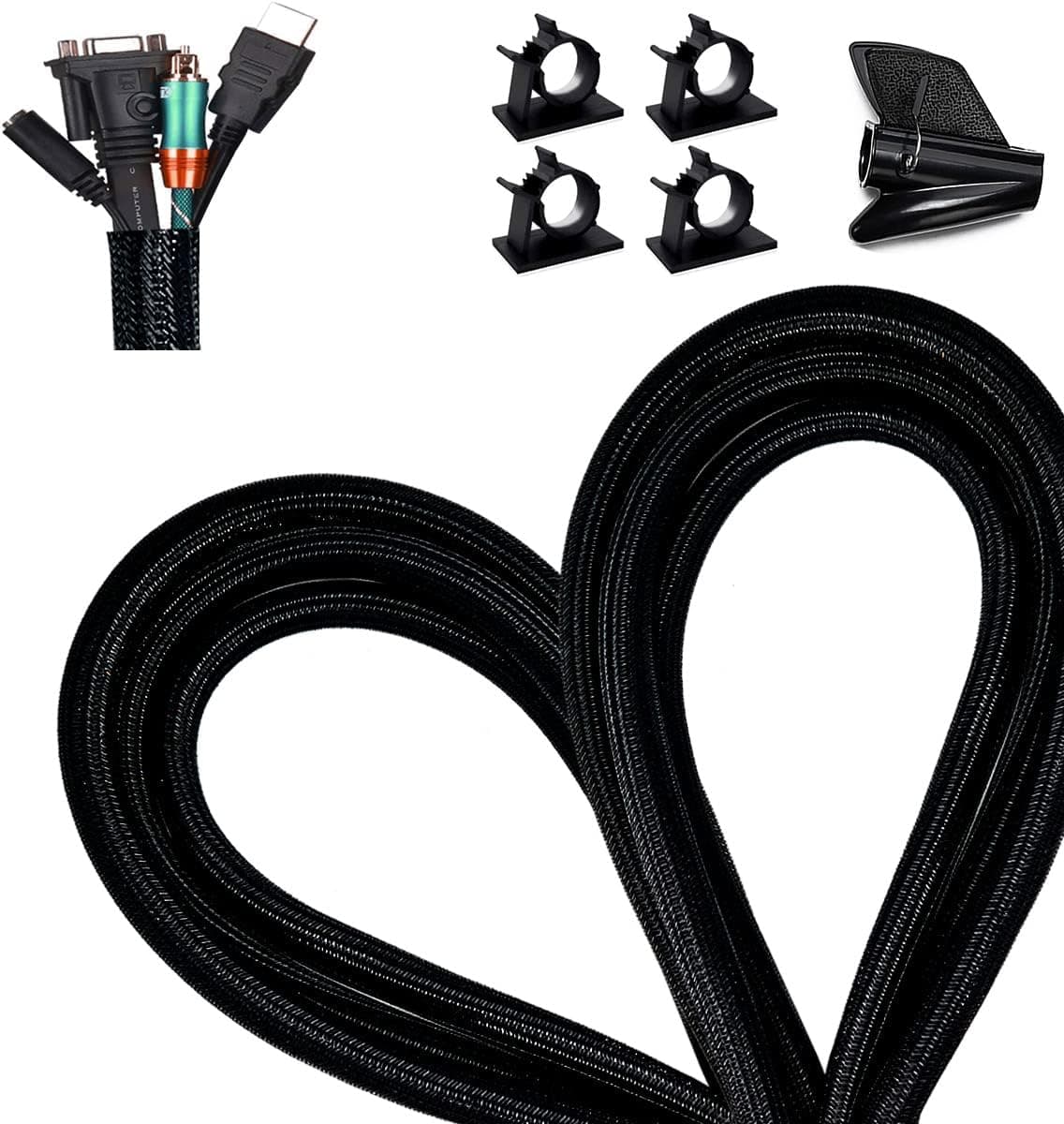 Fanoshon 13 1/8ft -1/2 Inch Cord Management Sleeve Braided Split Black Cable Protectors Pet Proof - Braided Self-Wrapping Wire Loom Tube for Desk PC/TV/Computer/Projector/Home Theater/Engine Bay