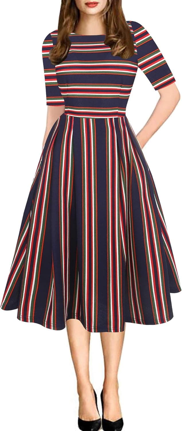 oxiuly Women's Vintage Patchwork Pockets Puffy Swing Casual Party Dress OX165 (Blue Stripe, l)