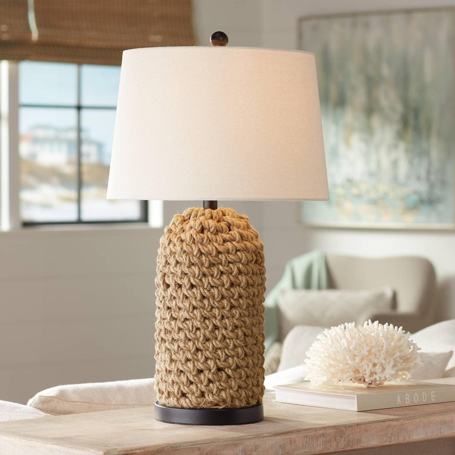 360 Lighting Modern Coastal Table Lamp 26 1/2" High Natural Woven Wicker Rope White Fabric Tapered Drum Shade Decor for Living Room Bedroom House Bedside Nightstand Home Office Family