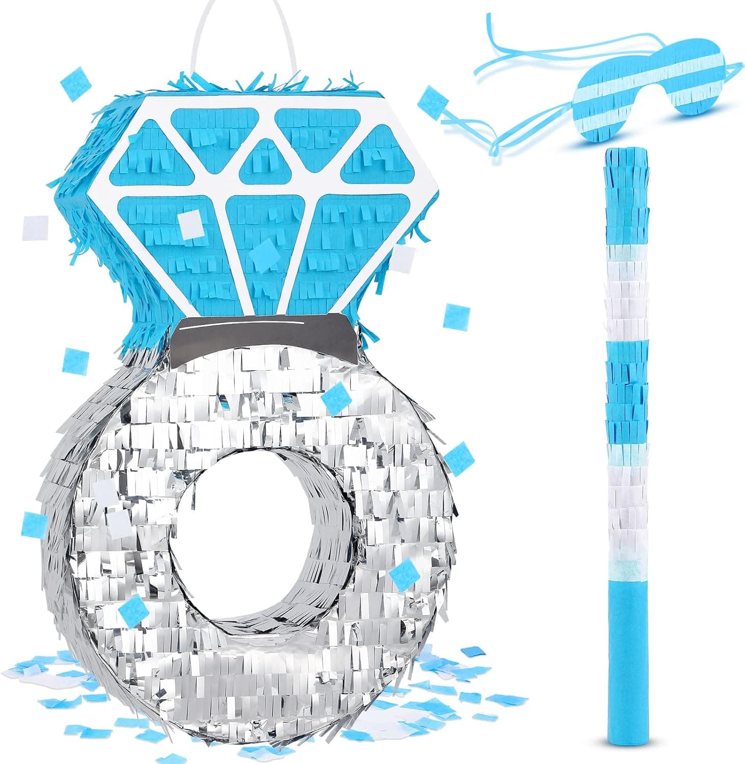 Civaner Diamond Ring Pinata for Engagement Princess Pinata Bridal Bachelorette Party Supplies Wedding Theme Decoration with Blindfold and Stick, 15 x 10 x 3 Inches(Blue)