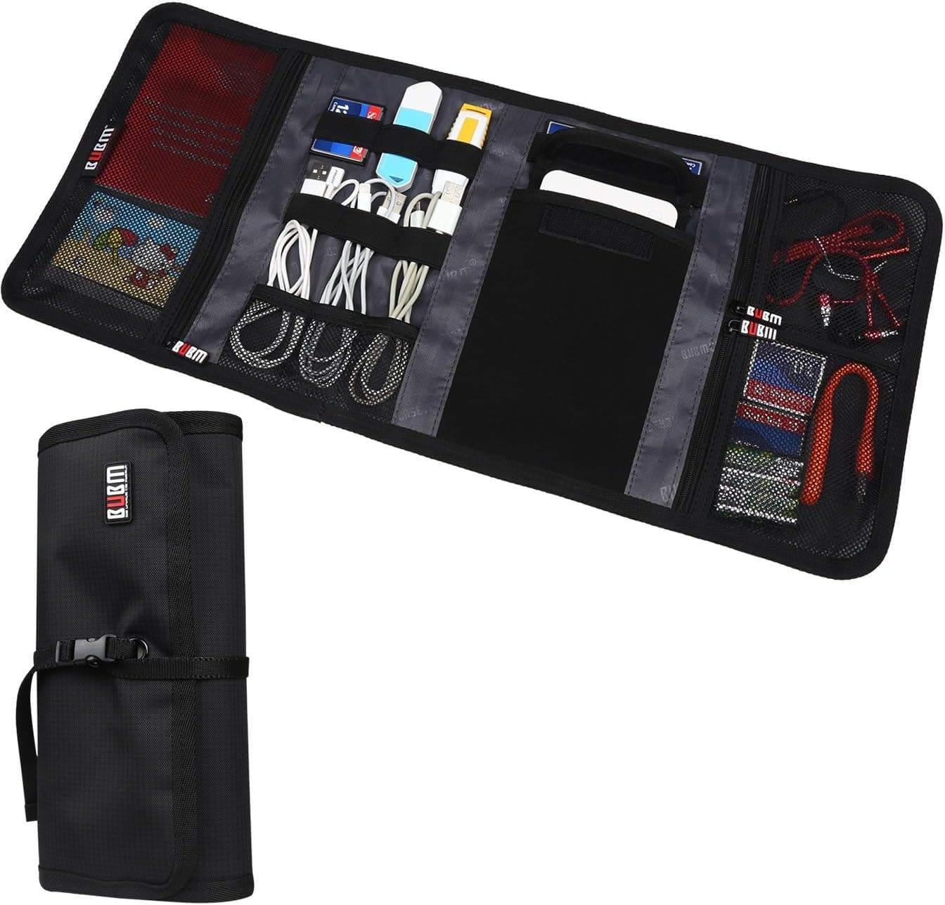 BUBM Roll Up Travel Organizer for Phone, Electronics Accessories (Black)