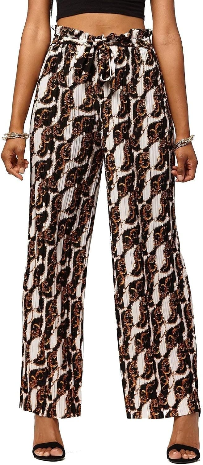 Women's Palazzo Pants with Paper Bag Waist Tie Waist and Micro Pleated Detail in Regular and Plus Sizes - Paper Bag Printed Rococo - Small - Medium - PB902-13