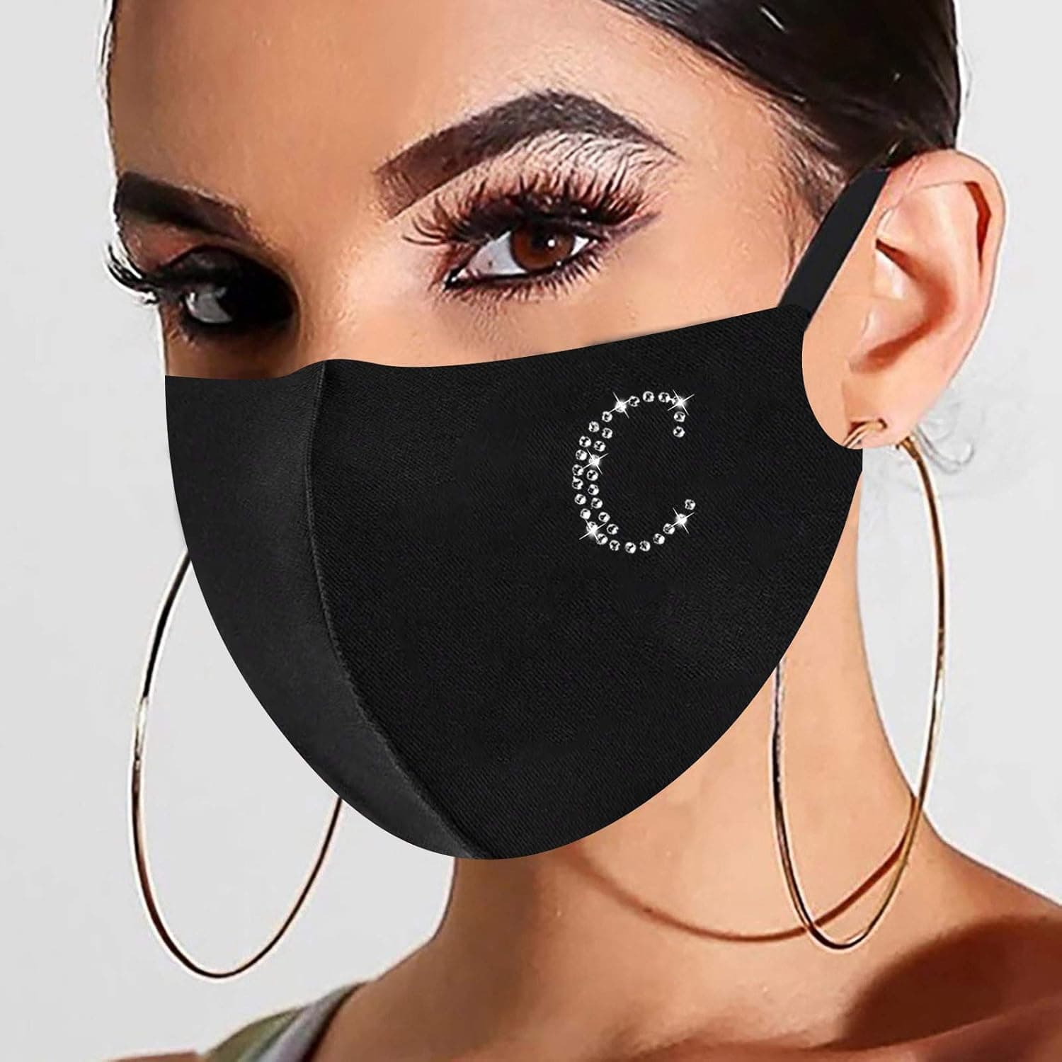 Rhinestone_Mask for Women Sparkly Glitter Initial Letter Print Masquerade_Mask Fashion Cloth_Mask