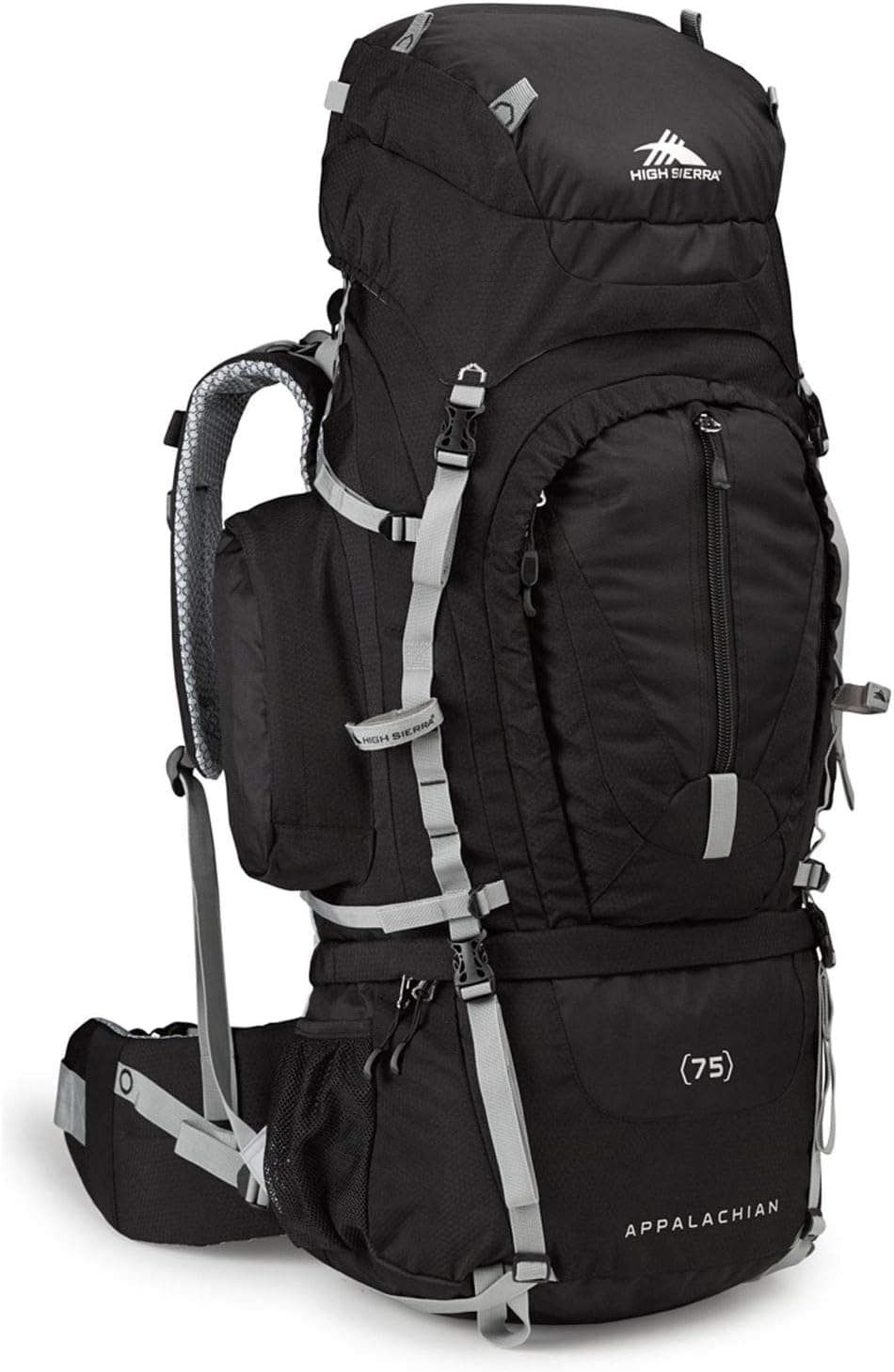 High Sierra Appalachian Top Load Internal Frame Hiking Pack, Black/Black/Silver, 75-Liter