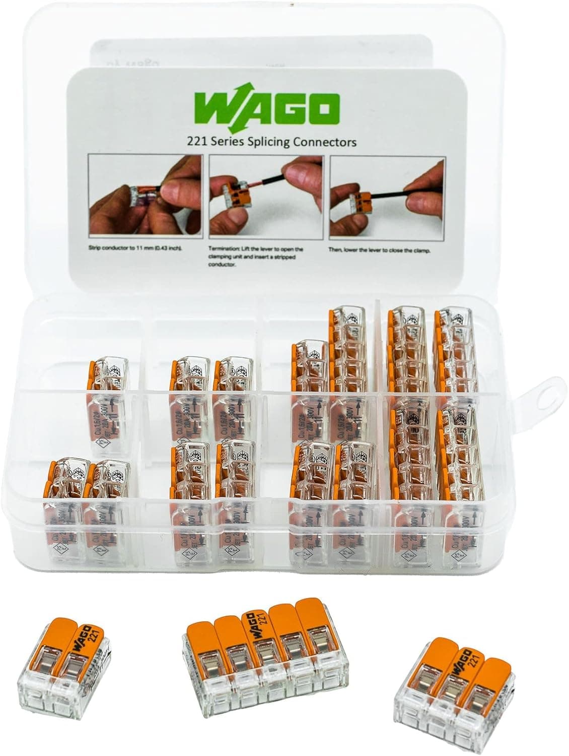 WAGO 221 15-Pack Series Wiring Connectors with Case Compact Wago Wire Connectors Comes with 15 Assortment (5) 221-412,(5) 221-413, (5) 221-415 Wago Wire Connectors Assortment Pack