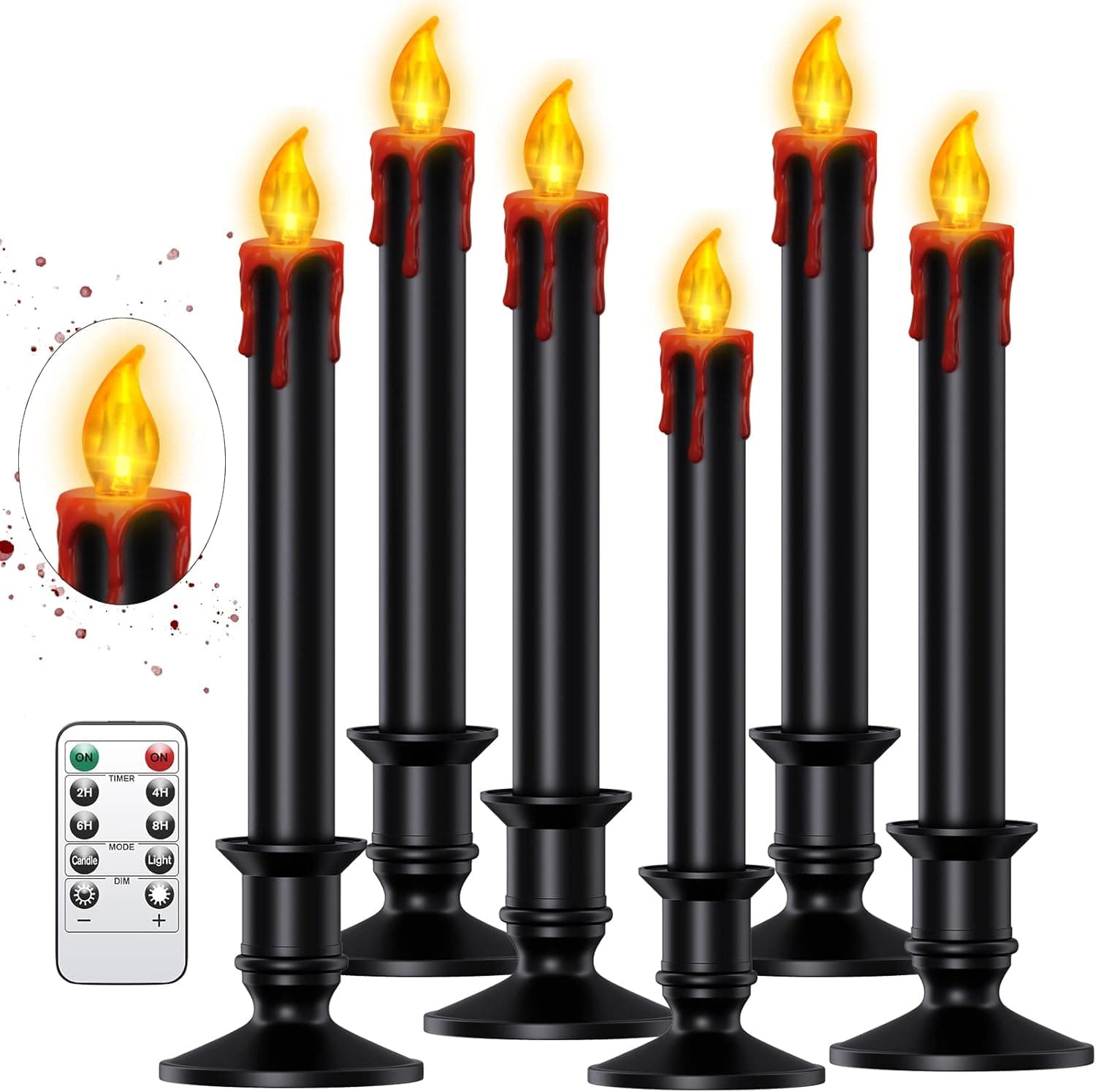 6 Pack Black Flameless Candles Christmas Light Bleeding LED Candles Flickering Flame Tea Lights with Bases Sucker Window Floating Decor Remote Timer-Gothic Rituals Holiday Decor Theme Party