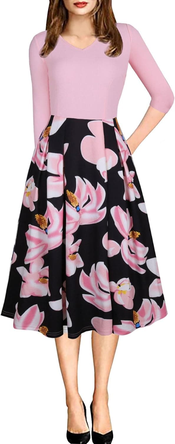 CEASIKERY Women's Vintage Patchwork 3/4 Sleeve Pleated Work Swing Casual Party Dress