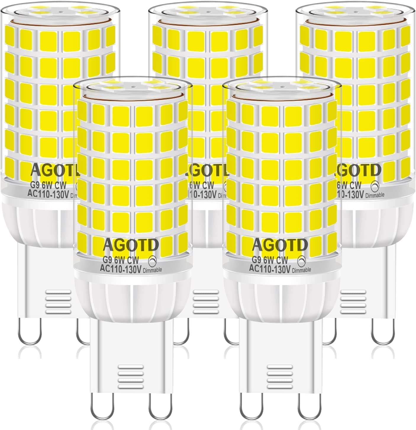 AGOTD G9 LED Bulb 6W, Dimmable Daylight White 6000K, 658LM LED Light Bulb, T4 40W 50W 60W Halogen Replacement G9 Bi Pin Base, No-Flicker, Chandelier Lighting, 5 Pack