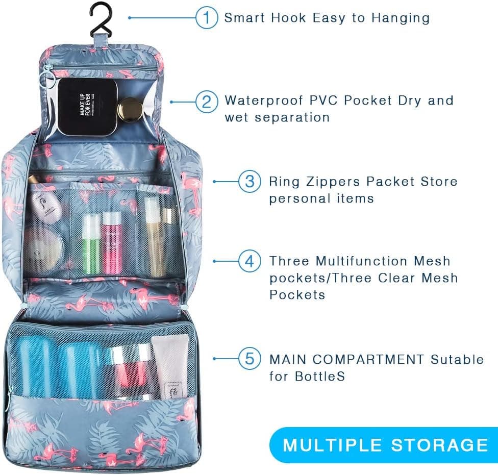 Hanging Travel Toiletry Bag Blibly Makeup Cosmetic Organizer Bag for Woman and Girls Bathroom and Shower Organizer Bag Waterproof (10.6x7.3x3.3 inch, Light Blue(Flamingo))