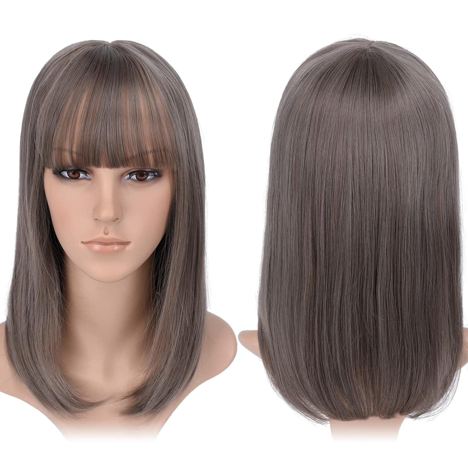 HSPJHTM Grey Bob Wig with Bangs Straight Bob Wigs for Women, Shoulder Length Synthetic Colorful Wig for Party Cosplay (Free Wig Cap)