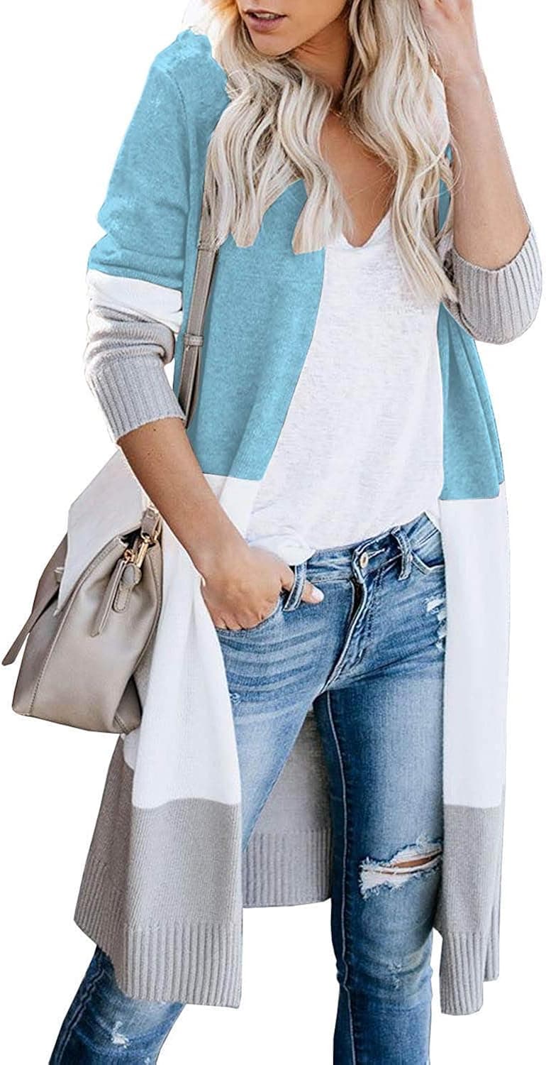 MOLERANI Womens Boho Open Front Cardigan Colorblock Long Sleeve Loose Knit Sweaters Coat