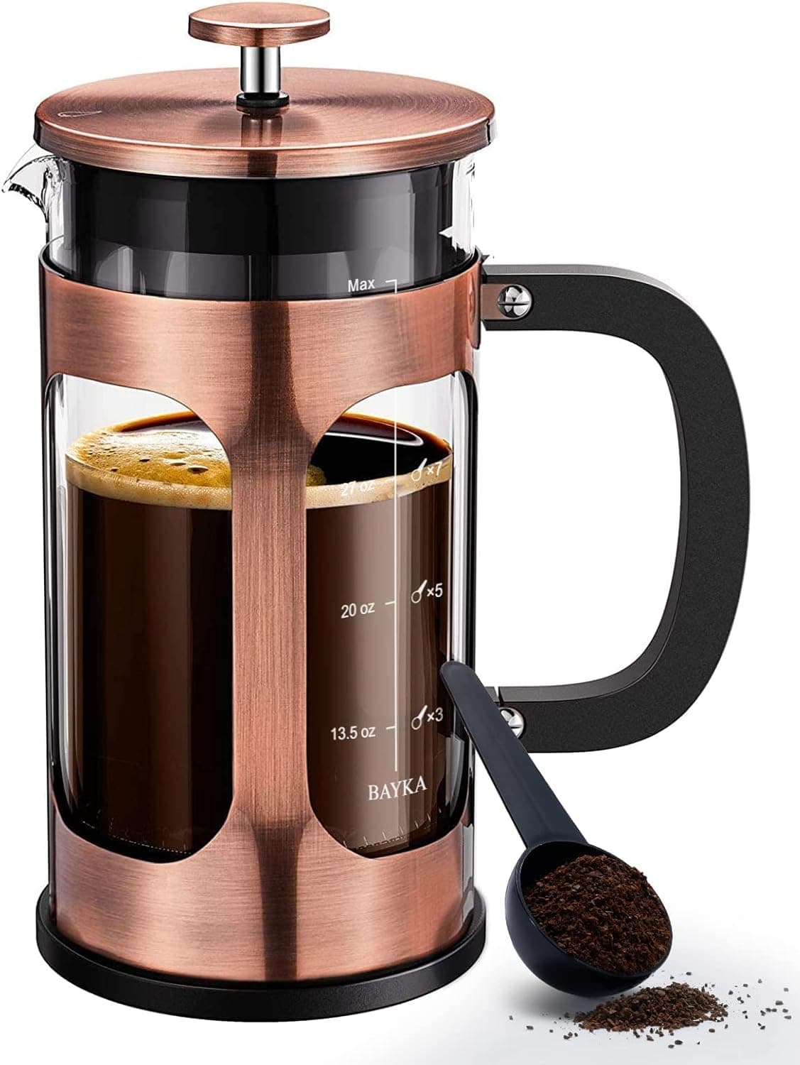 BAYKA French Press Coffee Maker, Glass Classic Copper 304 Stainless Steel Coffee Press, Cold Brew Heat Resistant Thickened Borosilicate Coffee Pot for Camping Travel Gifts, 34 Ounce