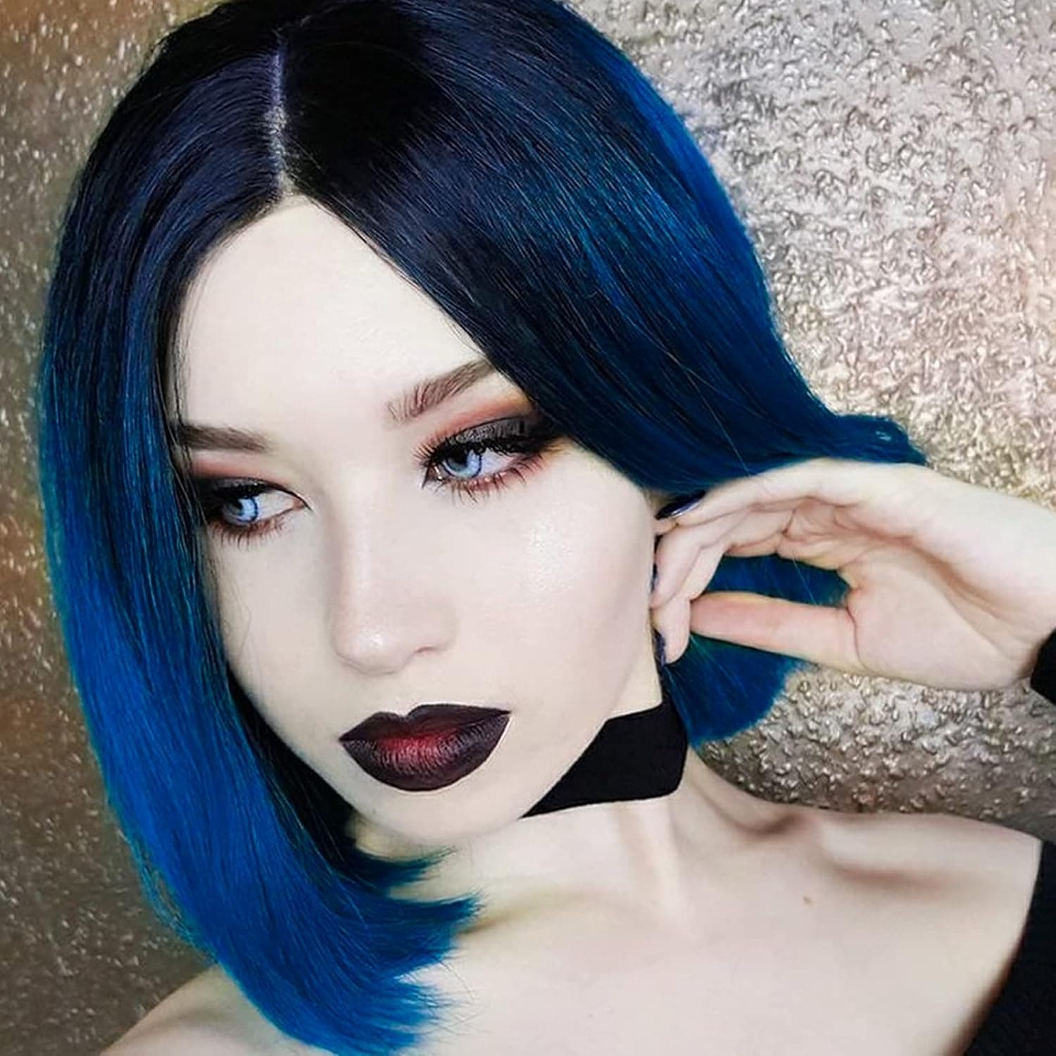 WOCO Bob Ombre Wigs Short Straight Middle Parting Shoulder Length Synthetic Colorful Cosplay Party Halloween Daily Wig for Women Dark Roots Blue 13 Inch