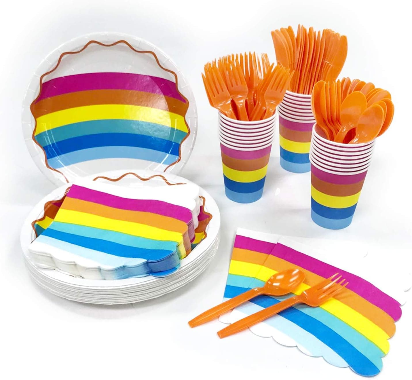 Rainbow Party Supplies Pack for 24 Guests - Including Dinner Plates, Cups,Napkins and Cutlery (Serves 24, 144 Pieces) for Holiday Party Supplies