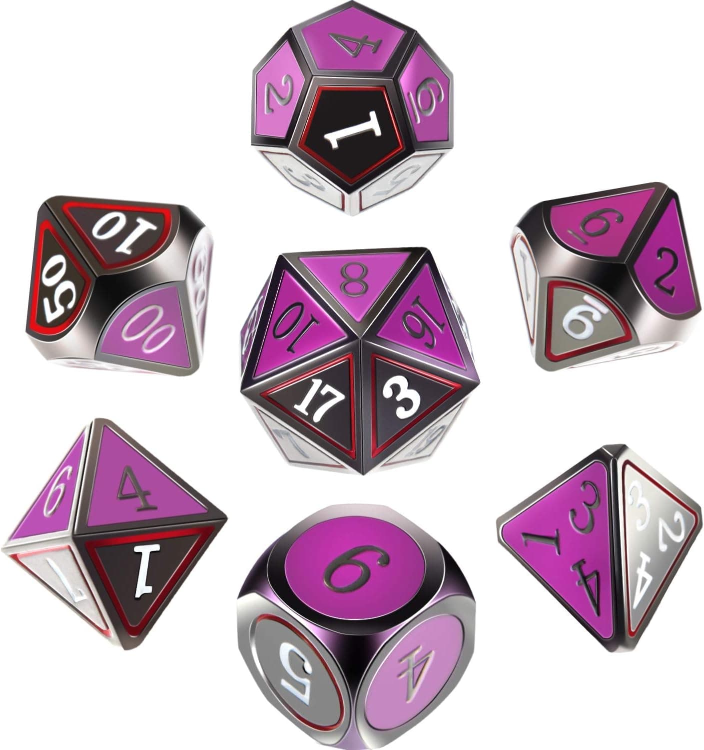 HESTYA 7 Pieces Metal Dices Set Game Polyhedral Solid Metal Dice Set with Storage Bag and Zinc Alloy with Enamel for Role Playing Game, Math Teaching (Purple-Black)