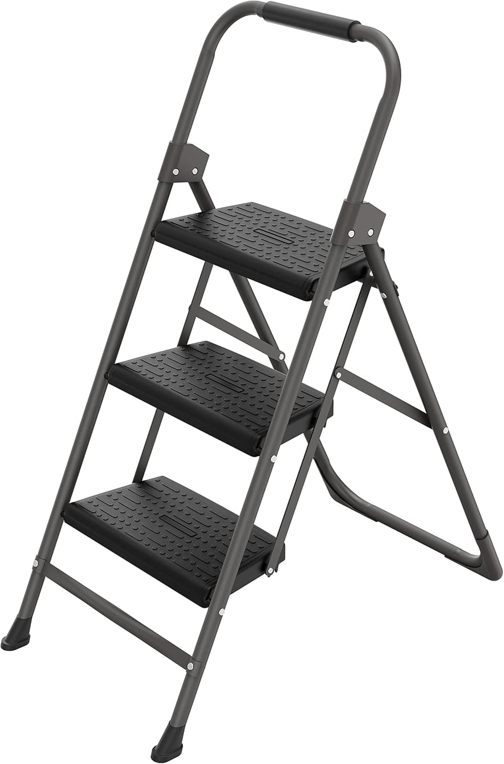 AriseWork 3 Step Ladder, Folding Step Stool with Wide Anti-Slip Pedals, Stable U-Shape Leg, Horseshoe Feet, Convenient Handgrip, Portable Steel Ladder Tools for Home Office, Black