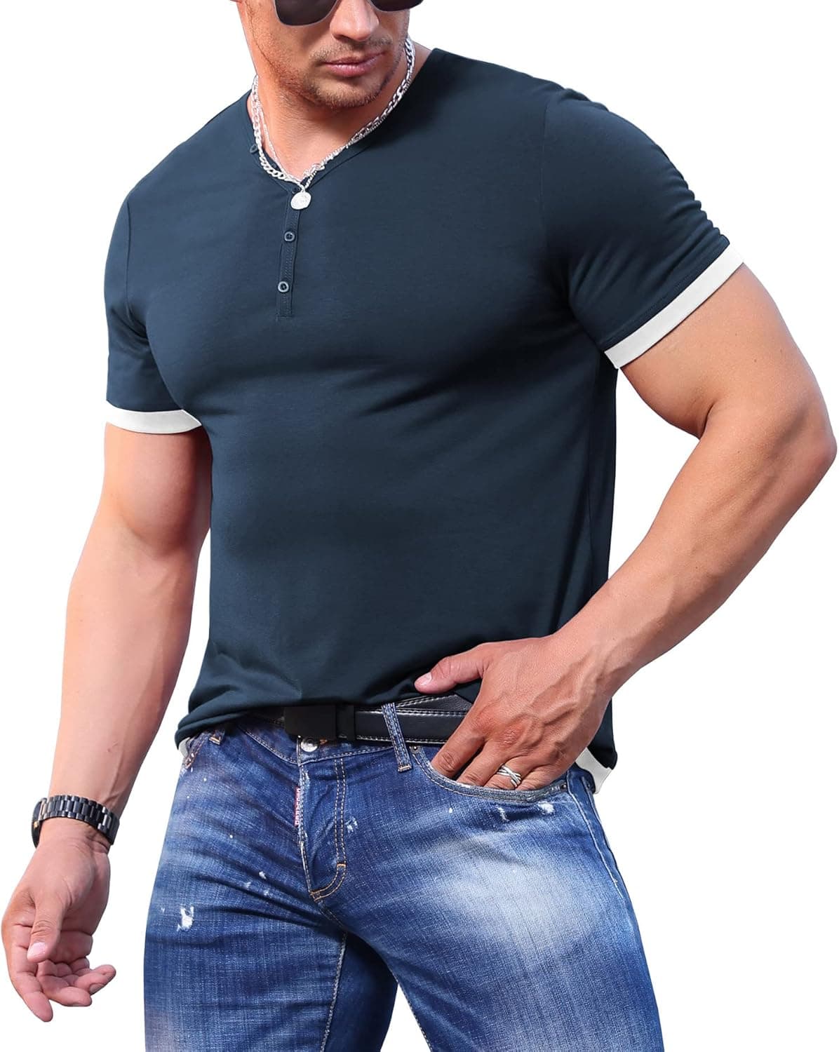 FOFEE Mens Casual V-Neck Henley Shirts Short Sleeve Slim Fit T-Shirts Muscle Button Tees