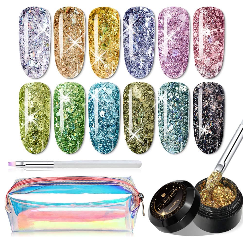 DF Boutique Glitter Gel Nail Polish Set UV LED Shining Gel Lacquer Super Sparkling Nail Gel Pink Blue Yellow Varnish Gel 12 Colors Soak Off Platinum Gel Polish 8g