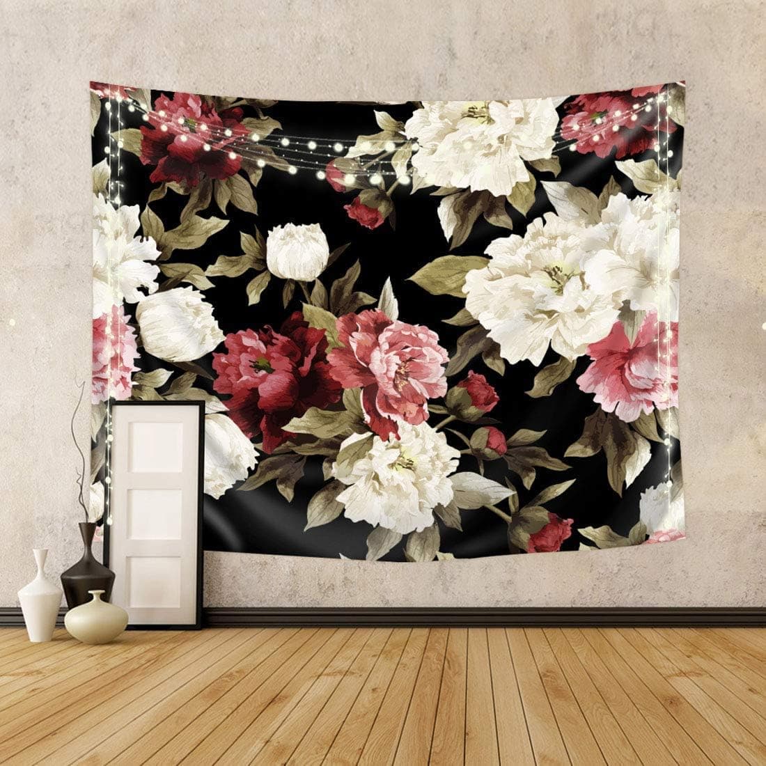 Riyidecor Fabric Watercolor Black Floral Tapestry Wall Hanging 59Wx51H Inch Vintage Flower Nature Plant Living Room Decoration Blossom Botanical Rose Retro Aesthetic Bedroom Dorm Home Decor WW-KRGG