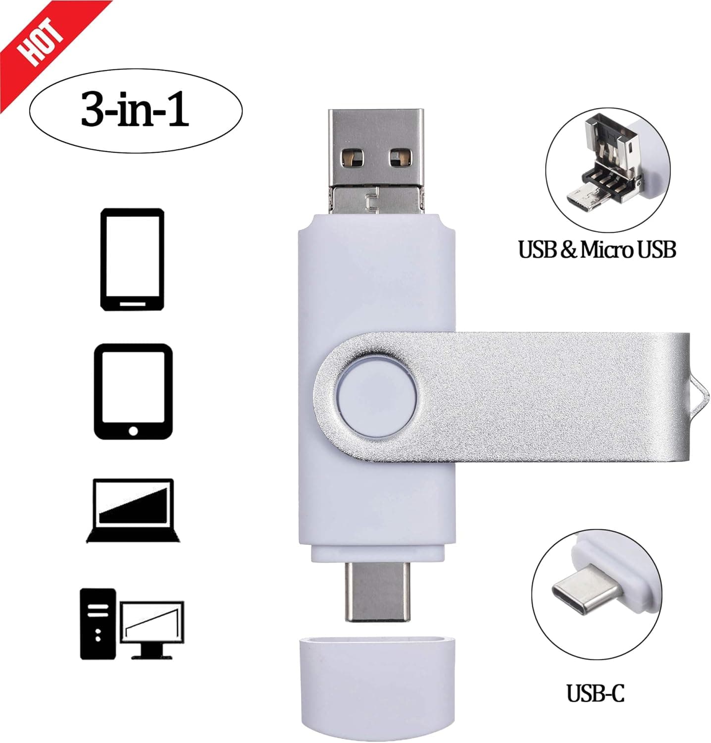 Android Phone Flash Drive 64GB, ARETOP 3-in-1 OTG USB2.0 Memory Stick for Computer Thumb Drives 64GB Pen Drive USB Stick for Android Phone (Both Micro and Type-C)