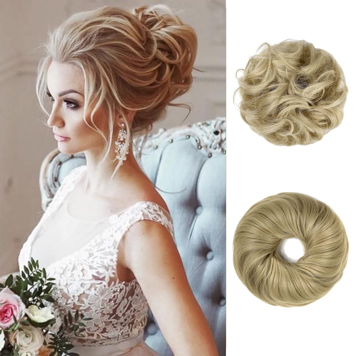 Messy Bun Hair Piece 2PCS Hair Extension Ponytail With Elastic Rubber Band Updo Extensions Hairpiece Synthetic Hair Extensions Scrunchies Ponytail Hairpiece for Women Light Blonde Mix Bleach Blonde
