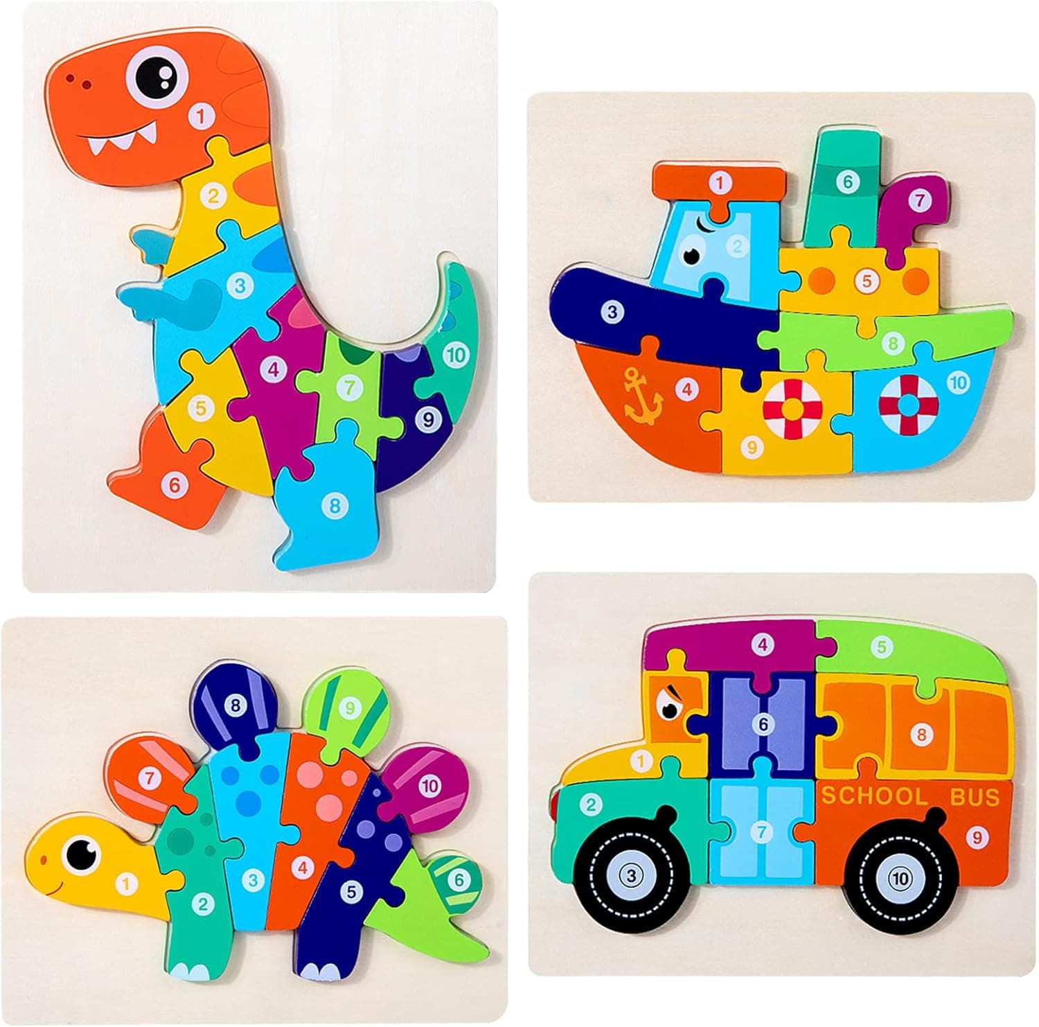 Wooden Toddler Puzzles for Kids Montessori Toys for 1 2 3 Years Old Boys Girls, 4-Pack Standing Animal Jigsaw Puzzle Gift Wooden Dinosaur Puzzles Numbers Colors Shapes Early Learning Educational Toys