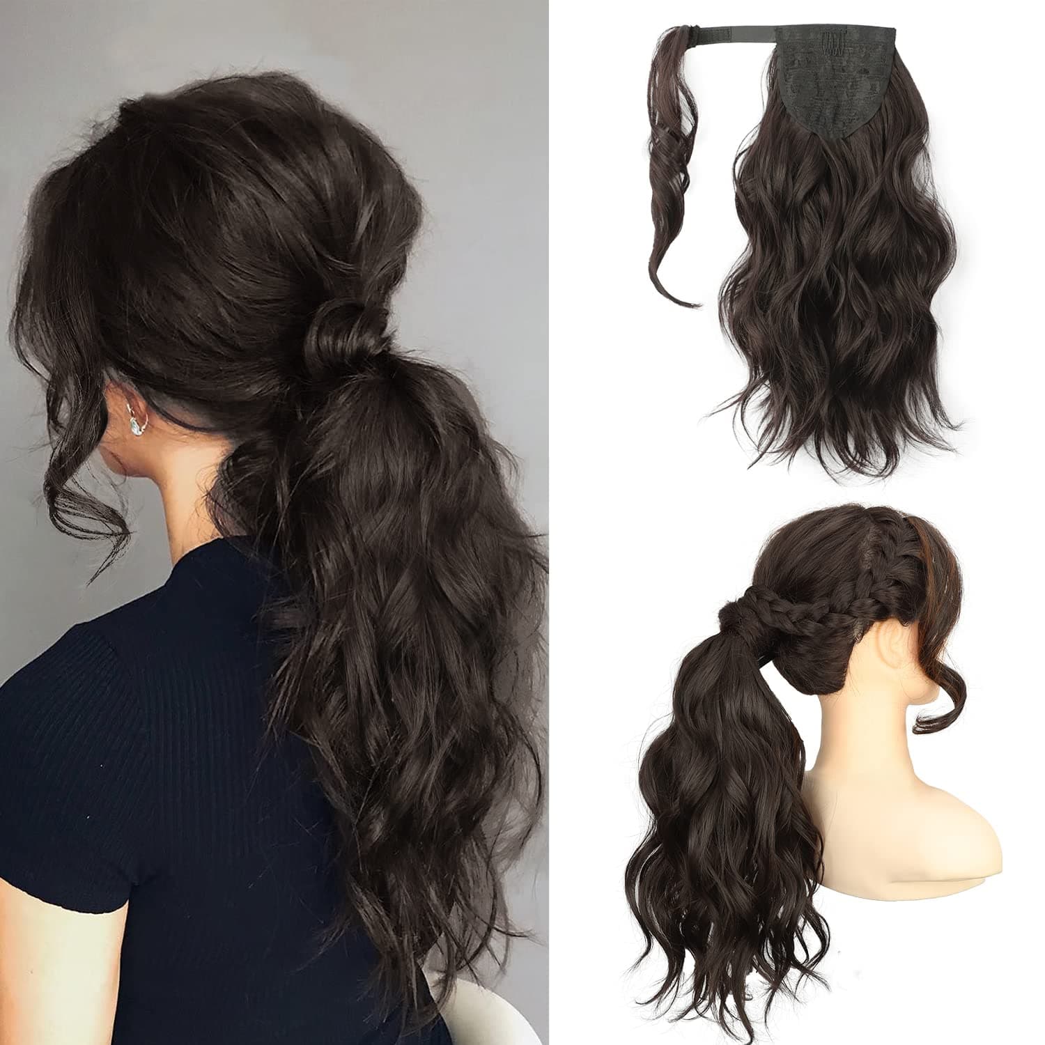 KooKaStyle Long Wavy Wrap Around Ponytail Extension Fluffy Clip in Synthetic Chocolate Dark Brown Pony Tails Hair Pieces 16 Inch with Front Side Bangs for Women Daily Use