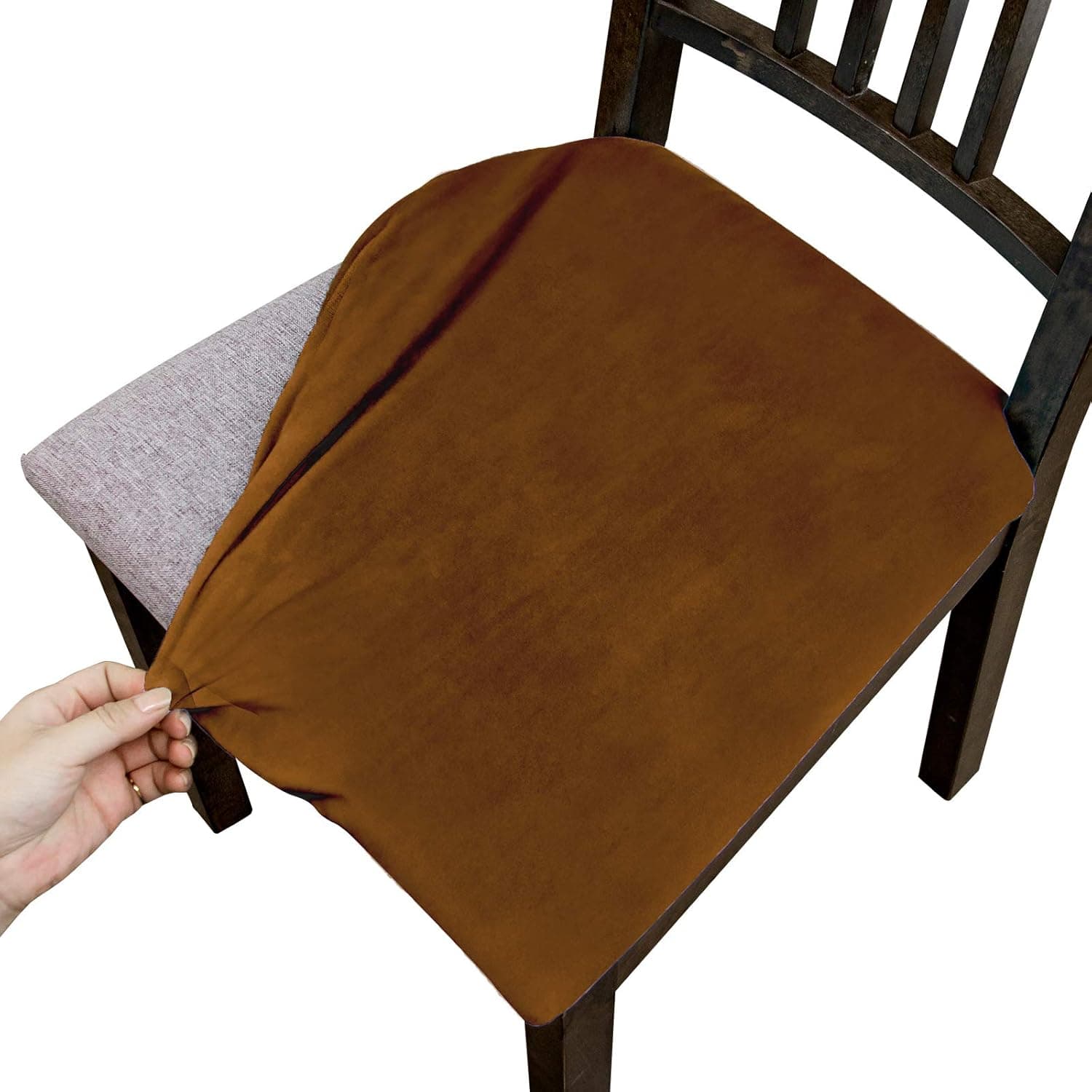 Argstar 4 Pack Velvet Seat Covers for Dining Room Chairs, Plush Dining Chair Seat Cover, Coffee Stretch Kitchen Chair Cover, Chair Covers for Dining Room Set of 4 (Light Brwon)