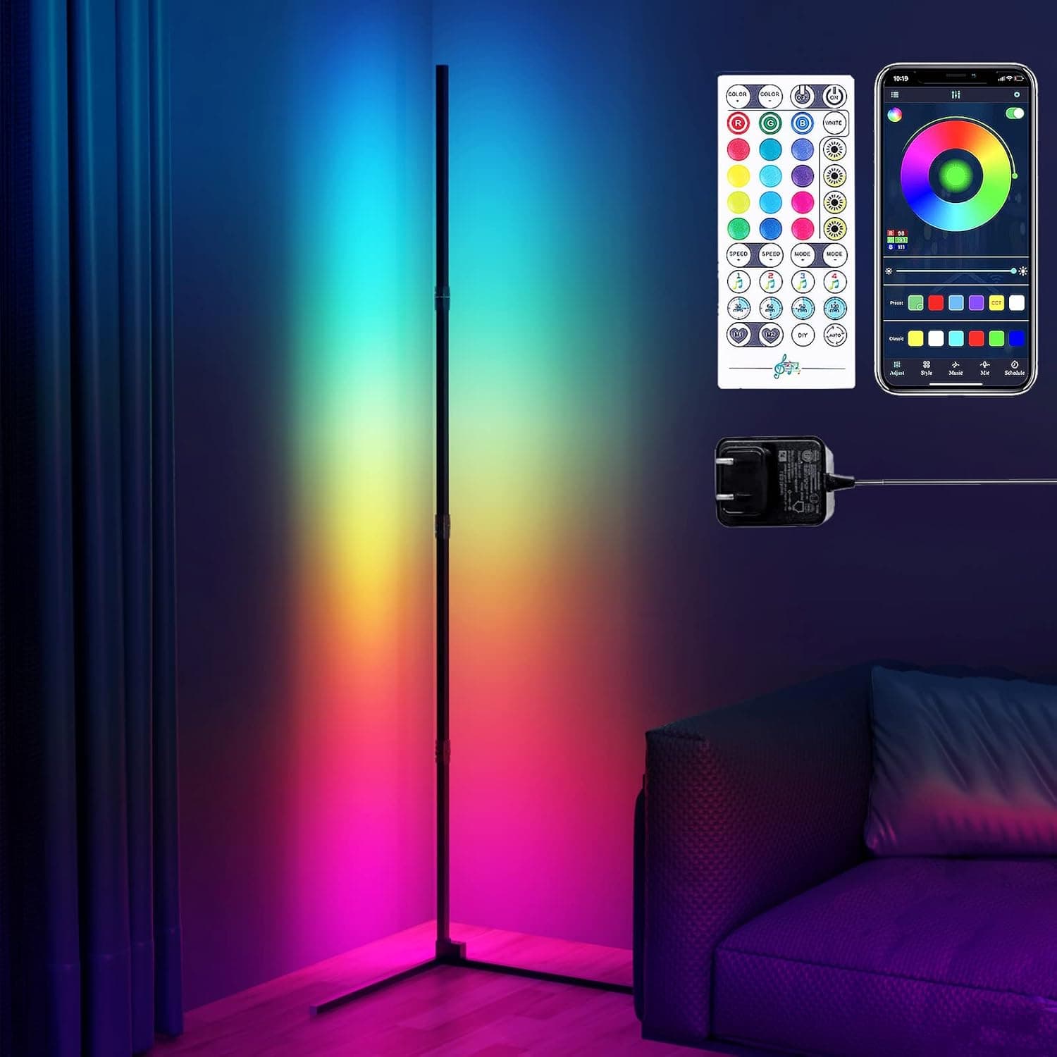 SaryHiat RGB Floor Lamp with Bluetooth App, LED Corner Floor Lamp with Remote Control, Music and DIY Mode, Color Changing Mood Lighting for Living Room Bedroom Home Decoration Gaming Room