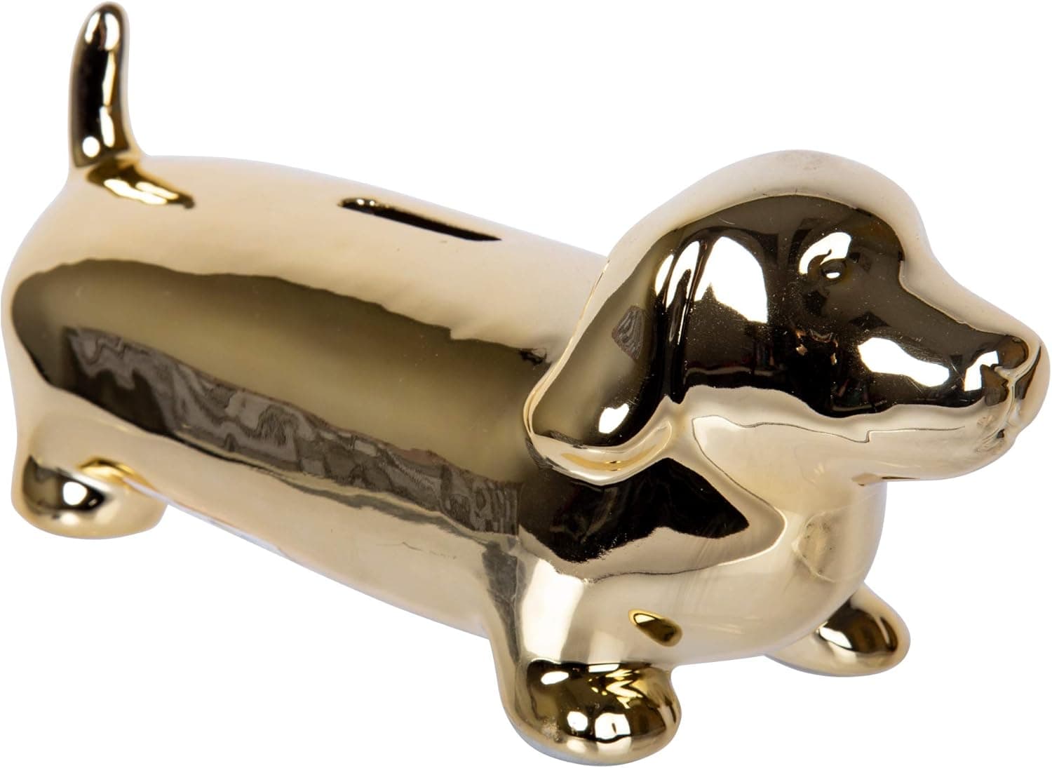 Truu Design Cute Novelty Ceramic Wiener Dog Money Bank, 8" x 3", Gold