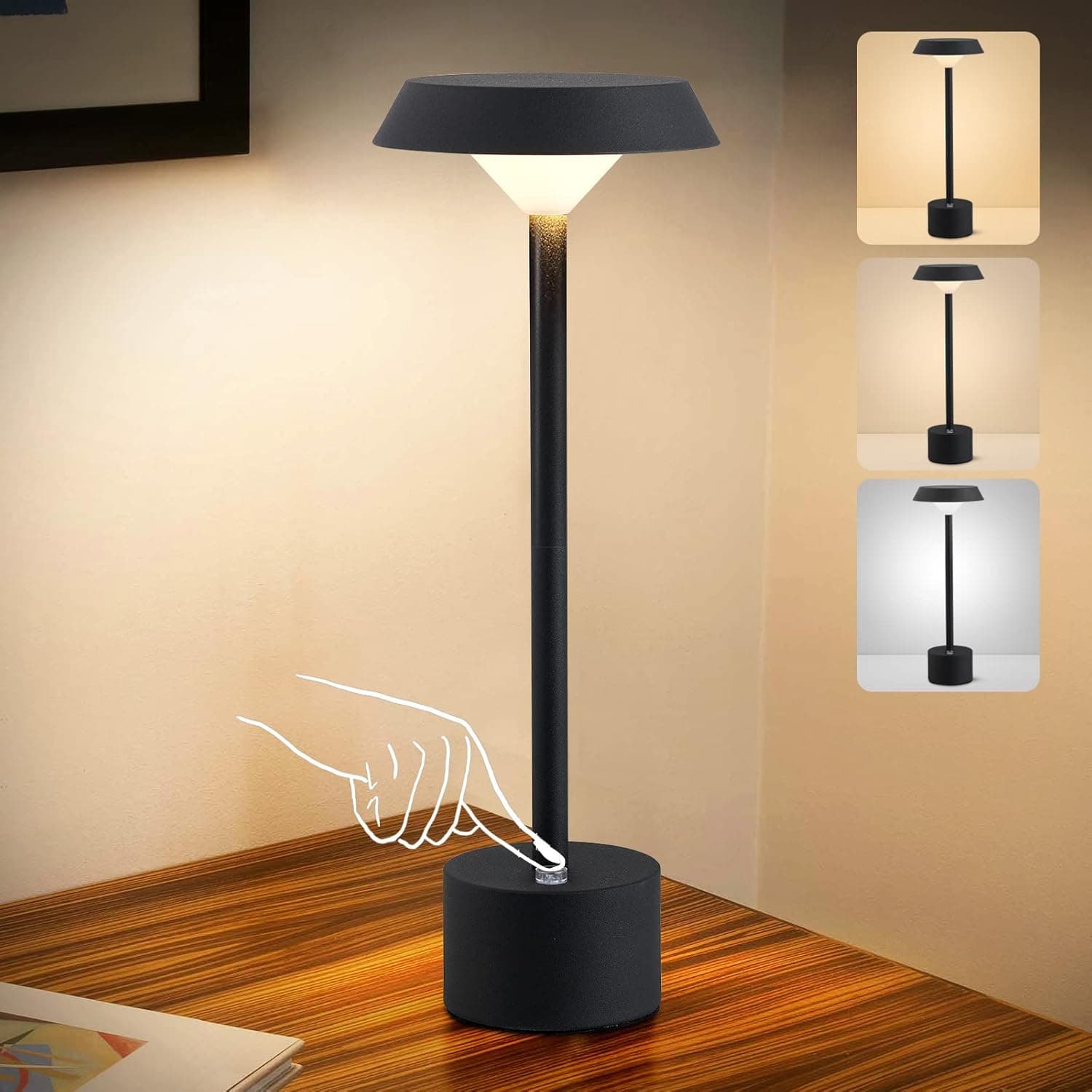 WEEDHAOIV LED Battery Operated Table Lamp Portable Cordless Dimming and Color Mixing Table Lamp Rechargeable Touch Control Black Desk Lamp for Bars Living Room Bedroom Kids Room Camping.