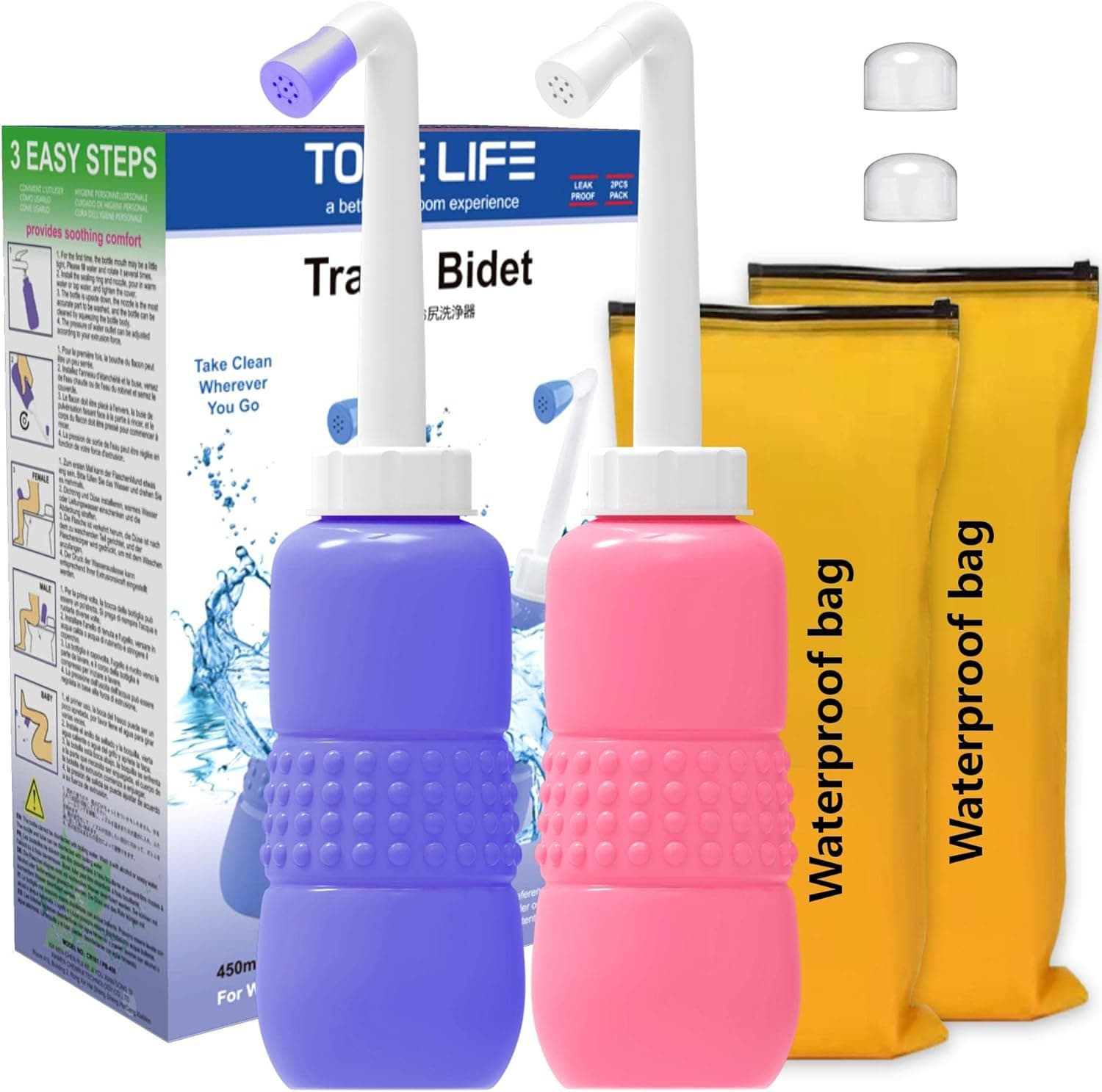 2PCS-Pack Peri Bottle for Postpartum Essentials, Feminine Care 450ml Postpartum Perineal Cleansing 15oz Portable Bidet Travel Bidet with Waterproof Storage Bag (Pink+Blue)