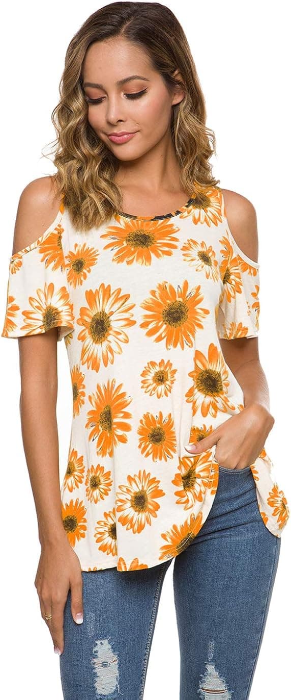 Coreal Cold Shoulder Tops Women's Short/Long Sleeve Shirt Casual Open Shoulder Tee Loose Floral/Solid