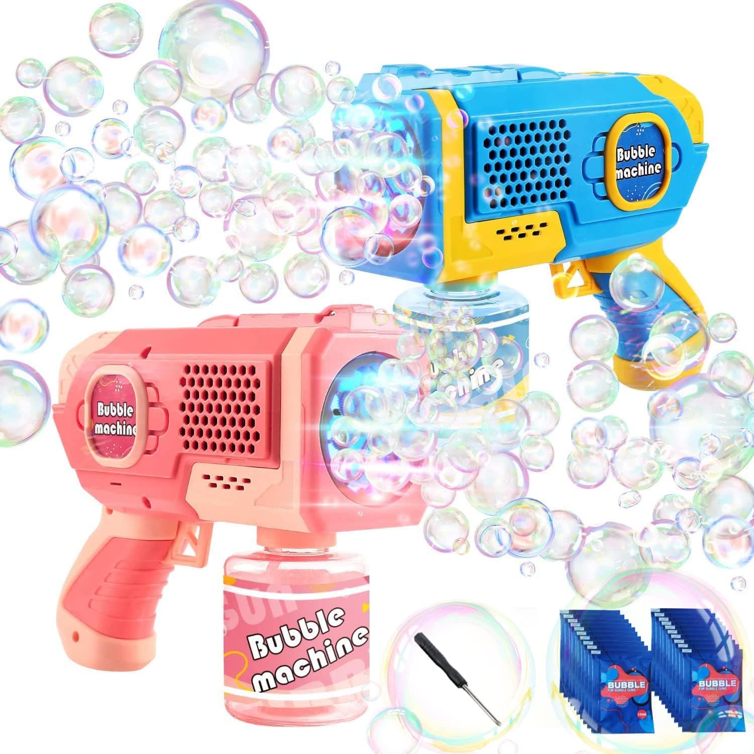 2 Bubble Machine Guns, Electic Bubble Blaster for Kids with Rich Bubble & Led Light & Leak-Proof Desgin, Portable Bubble Maker Outdoor Summer Toys for Girls & Boys