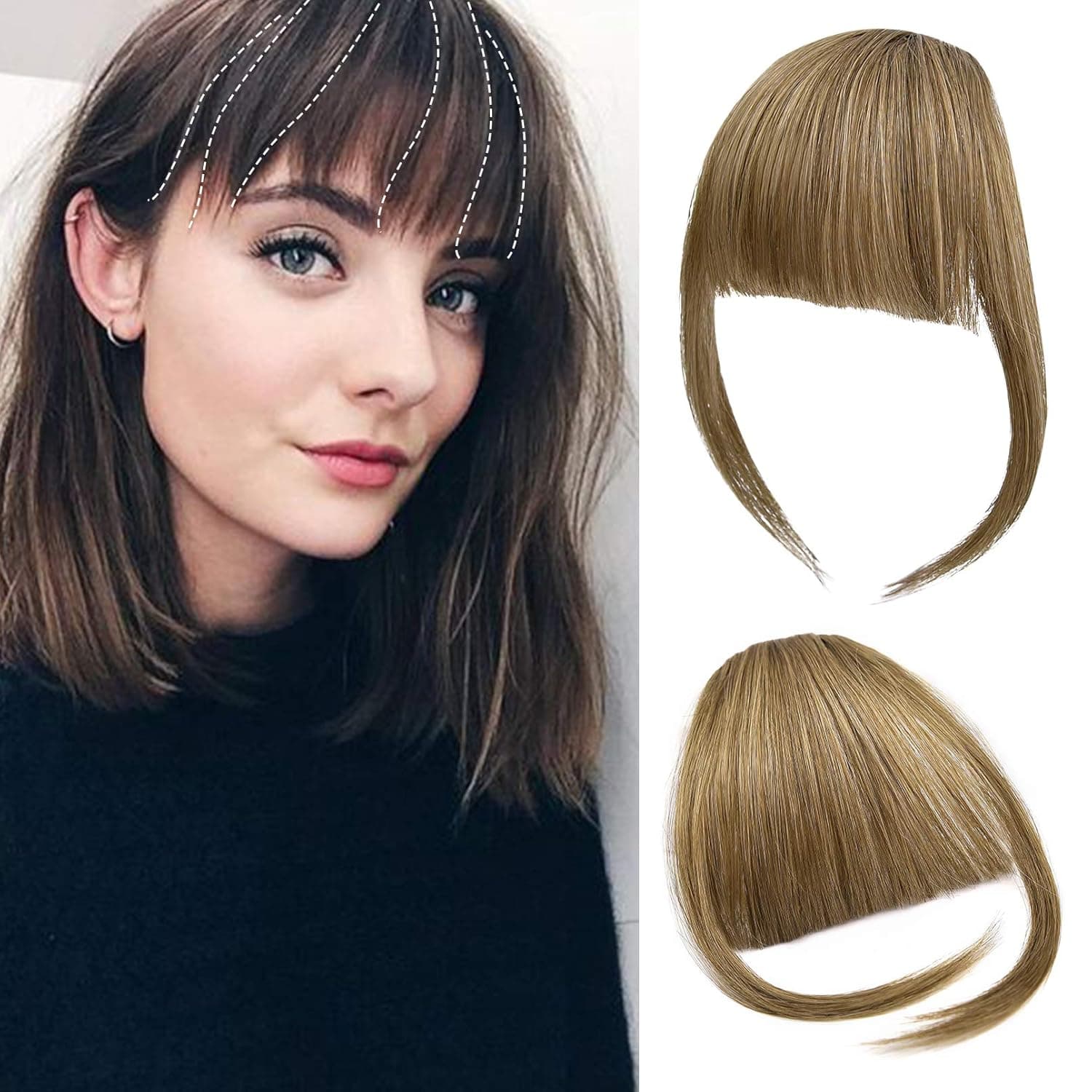 SEIKEA Bangs Hair Clip in Bangs Wispy Bangs Fringe with Temples Hairpieces for Women Clip on Fake Bangs Flat Neat Bangs Hair Extension for Party and Daily Wear Color Ash Blonde with Golden Blonde