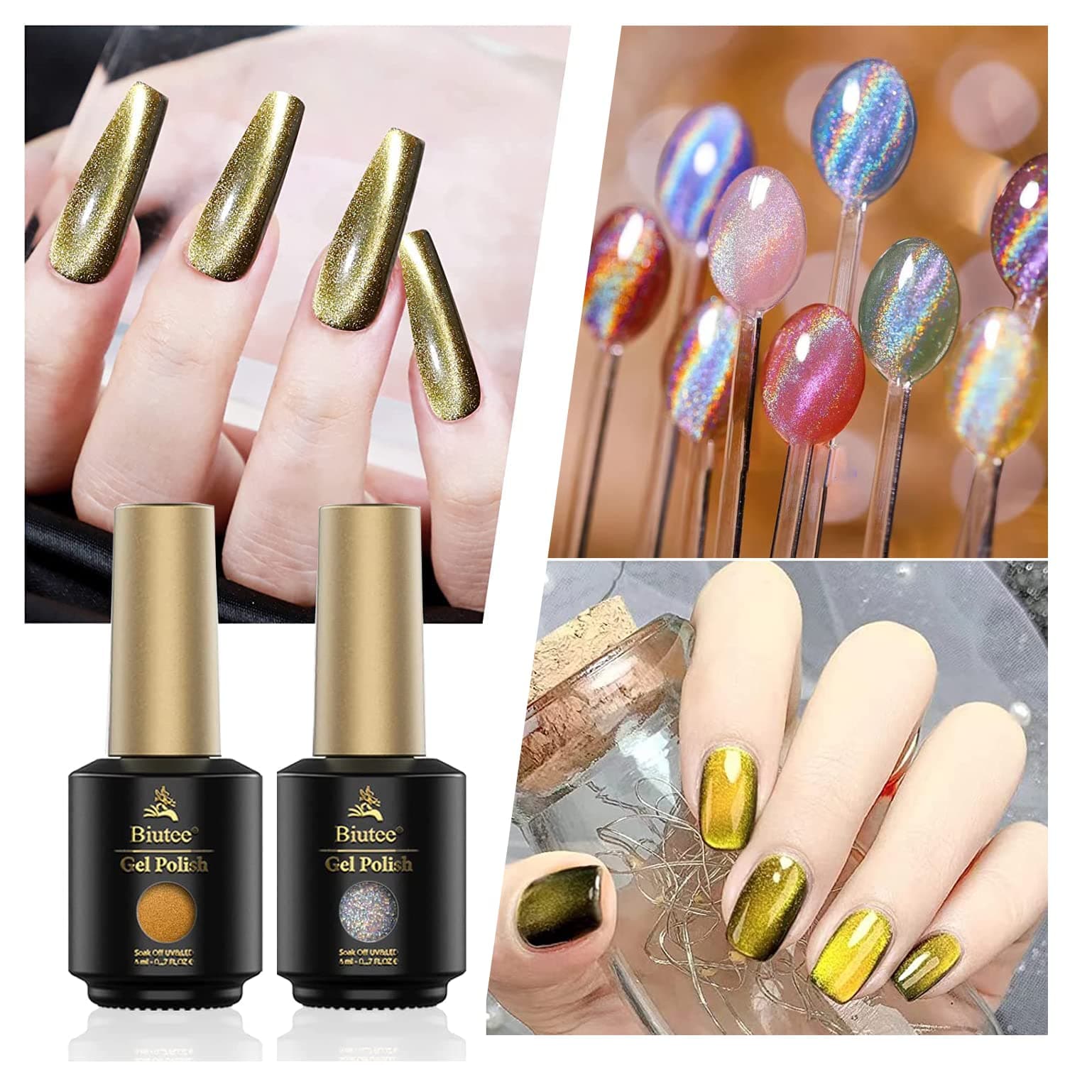 SEISSO Rainbow Cat Eye Gel Nail Polish Holographic Magnetic Nail Polish Gold Wide Cat Eye Nail Polish Magnetic UV Holo Gel Nail Polish Set with Reflective Glitter Effect (Rainbow & Gold)