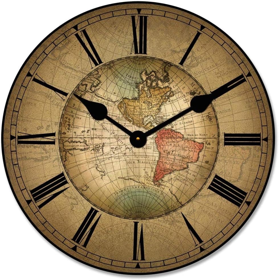 17th Century World Map Wall Clock | Ultra Quiet Quartz Mechanism | Hand Made in USA Beautiful Crisp Lasting Color | Comes in 8 Sizes | 30 Inch