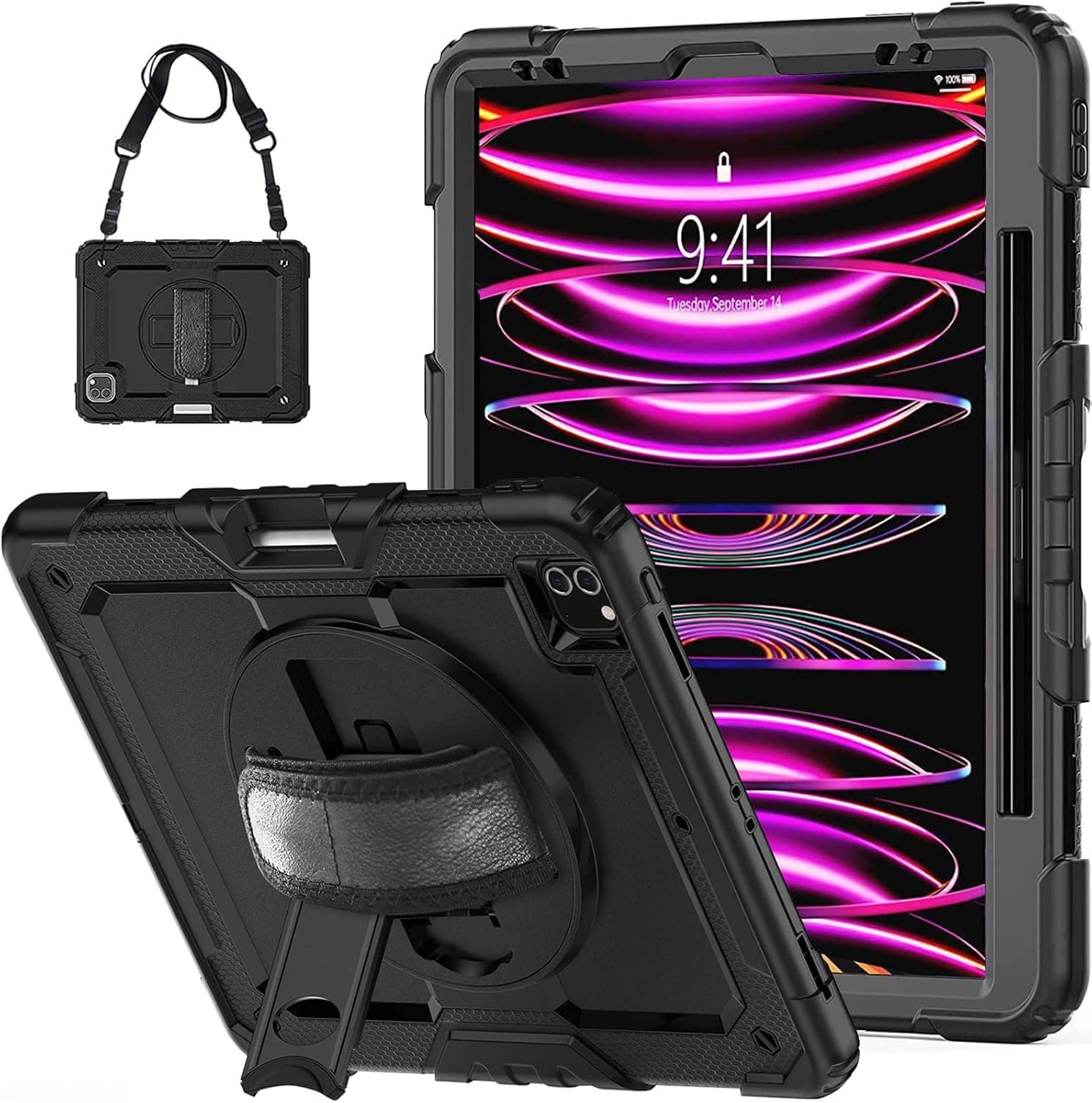 FANSONG iPad Pro 12.9 Case 6th/5th Generation 2022/2021 with Screen Protector 360 Rotating Stand Shockproof Rugged iPad Pro 12.9 Inch Cover with Hand Strap/Apple Pen Charging Slot Holder