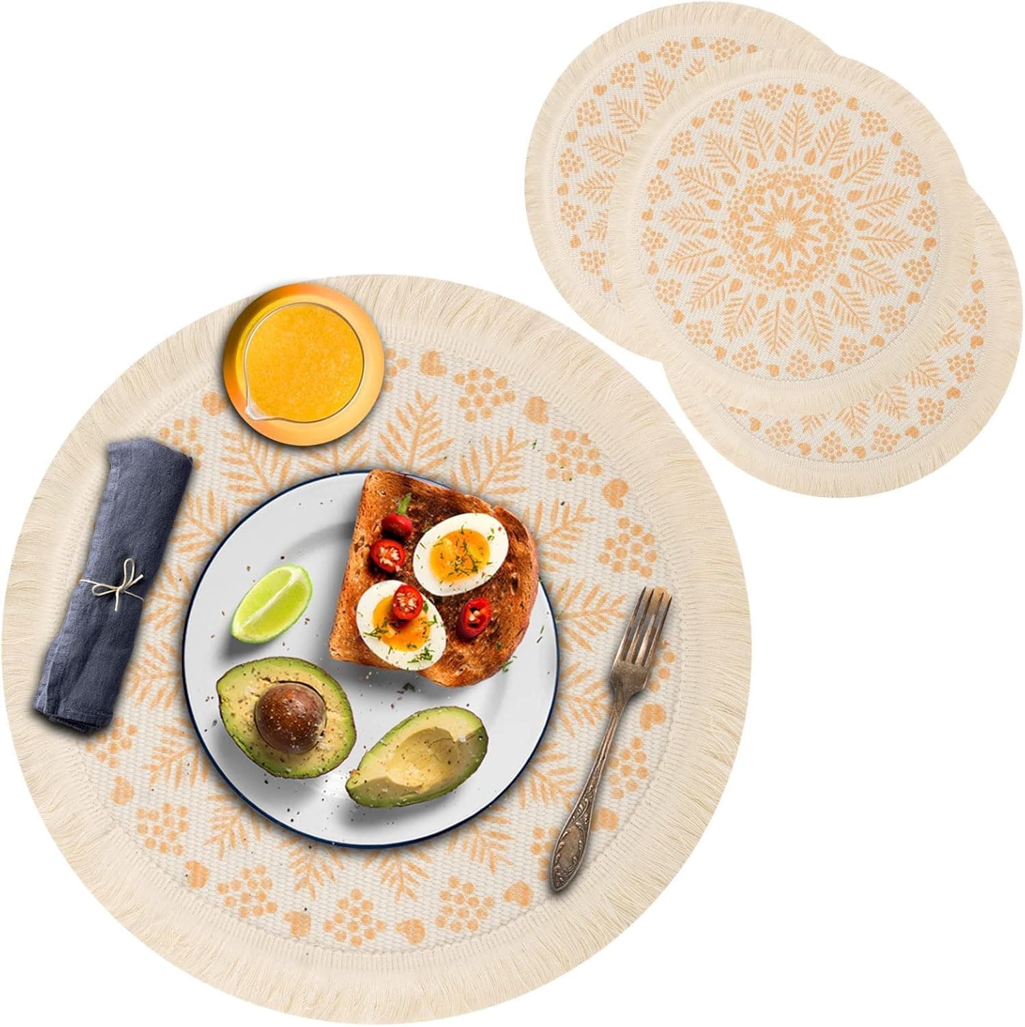 NETEHA Round Placemat Set of 4, 13 Inches Table Mat Bohemian Style Woven Placemat with Tassels Machine Washable Heat-Resistant Placemat Set Dining Table Dinner Home Decoration (Orange)