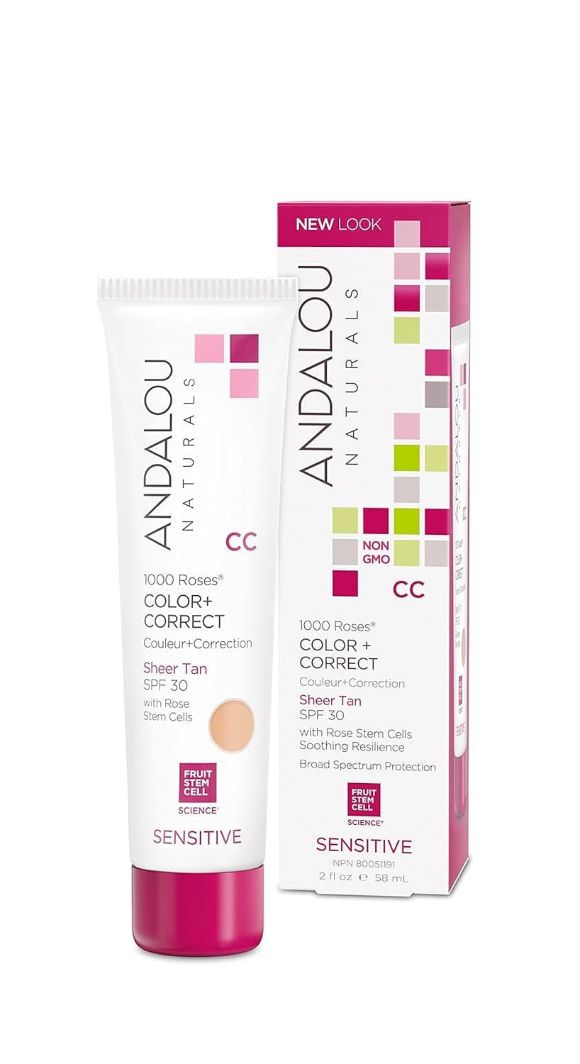 Andalou Naturals 1000 Roses CC Color + Correct SPF 30 Ounces, Sheer Tan, rose, 2 Fl Oz