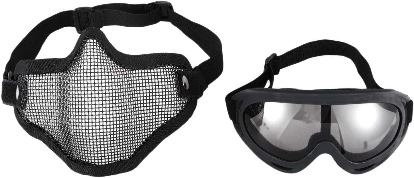 SODIAL(R) 2 in 1 Protection Steel Mesh Face Mask with X400 UV Safety Goggles Airsoft Paintball, Black