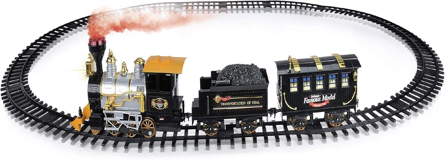 Mozlly Ultimate Steam Locomotive Railway Set with Coal Carrier - Classic Moving Train Set Diecast with Lights & Sounds, Durable Tracks, Vehicle Building Set Toy, Indoor Transport Assembly Kit For Kids