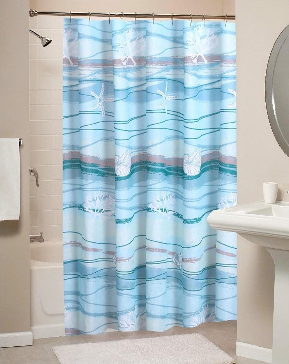 Finely Stitched Coastal Seaside Cottage Print Pattern Ocean Blue Fabric Shower Curtain
