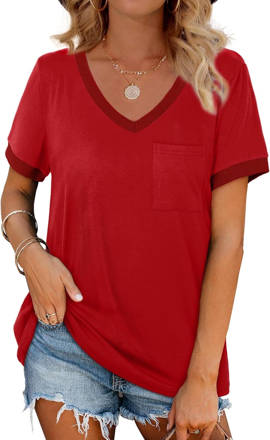 Geifa Womens T Shirts Short Sleeve V Neck Loose Casual Summer Tops with Pocket